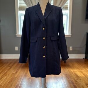Appleseed’s navy blue military style gold button overcoat